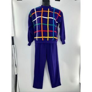 Vintage Multicolor Windowpane Long Sleeve Sweat Suit Set Medium